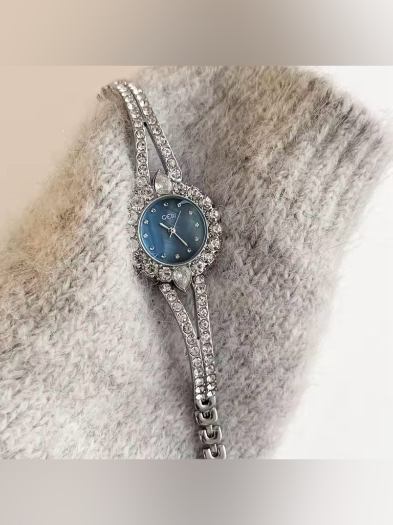 Silver Crystal Accent Bracelet Watch With Blue Dial